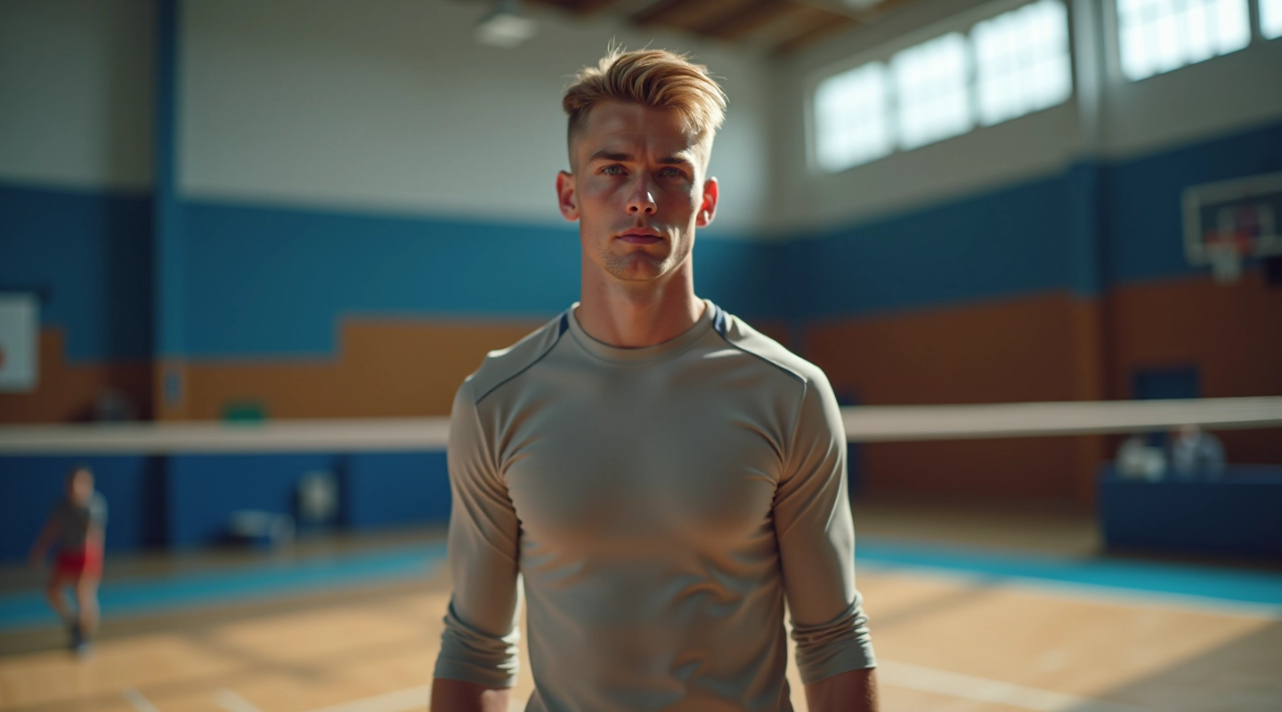 لاعب كرة طائرة يقف في موضع التوزيع على الملعب مع فريقه